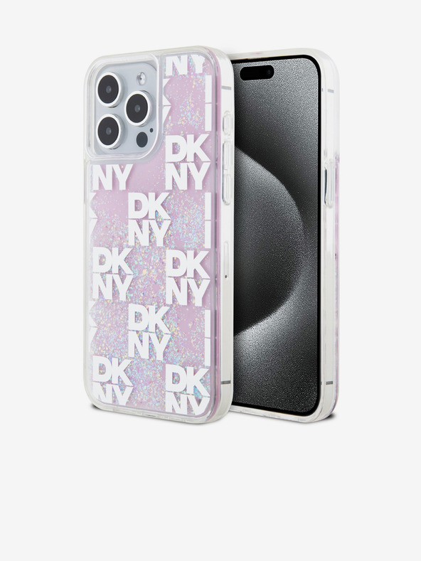 DKNY Liquid Glitter Checkered Pattern Zadní Kryt pro iPhone 15 Pro Max Pink DKNY