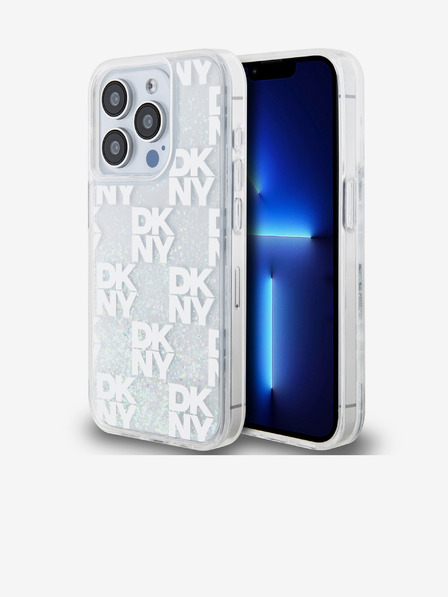 DKNY Liquid Glitter Checkered Pattern Zadní Kryt pro iPhone 15 Pro Transparent DKNY
