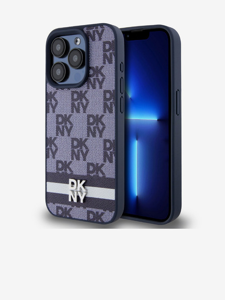 DKNY PU Leather Checkered Pattern and Stripe Zadní Kryt pro iPhone 15 Pro Blue DKNY