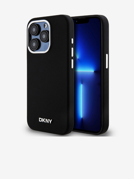DKNY Liquid Silicone Silver Metal Logo Magsafe Zadní Kryt pro iPhone 15 Pro Black DKNY