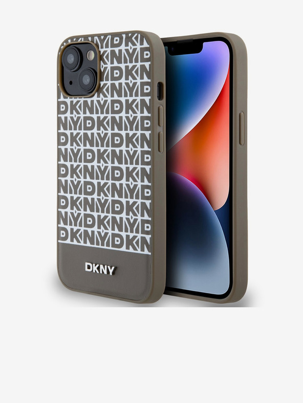 DKNY PU Leather Repeat Pattern Bottom Stripe Zadní Kryt pro iPhone 13 Brown DKNY