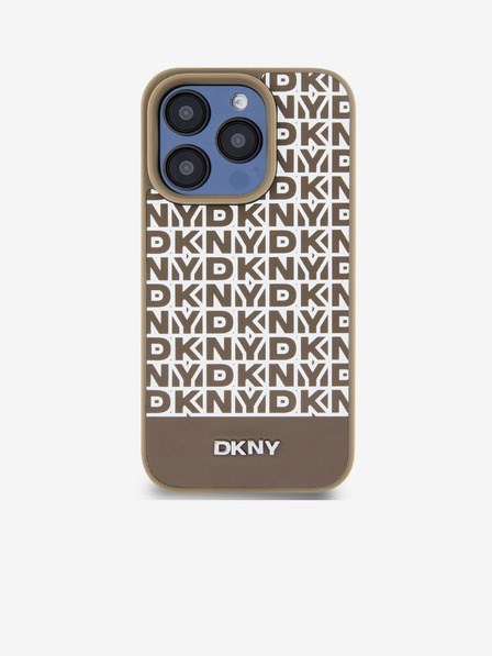 DKNY PU Leather Repeat Pattern Bottom Stripe MagSafe Zadní Kryt pro iPhone 15 Pro Brown DKNY