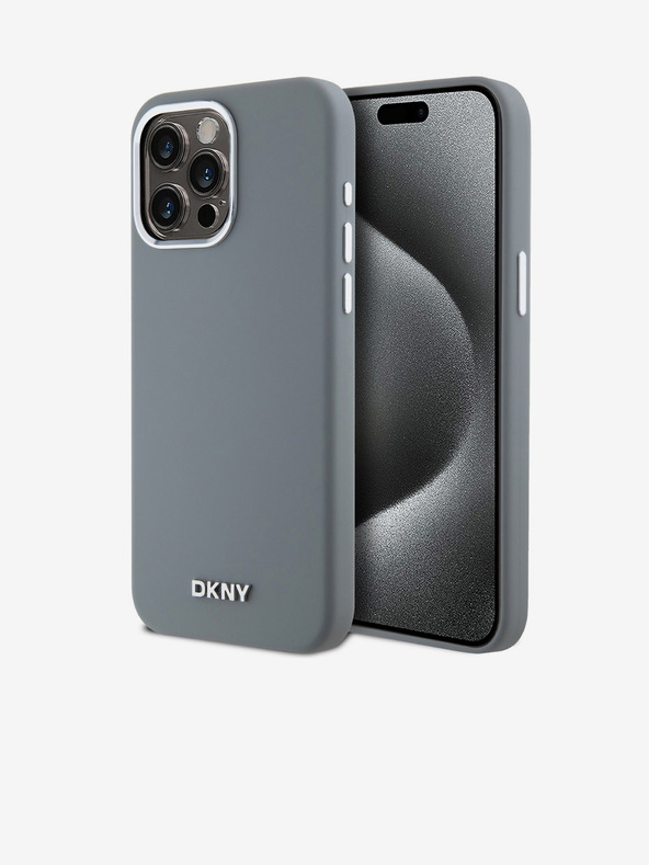 DKNY Liquid Silicone Silver Metal Logo Magsafe Zadní Kryt pro iPhone 15 Pro Max Grey DKNY