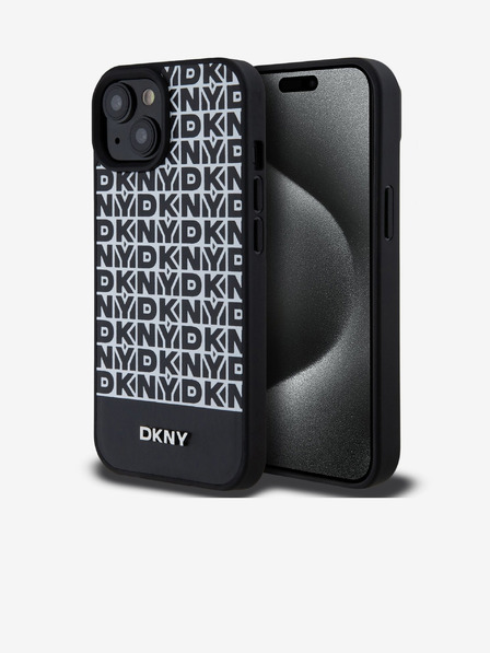 DKNY PU Leather Repeat Pattern Bottom Stripe MagSafe Zadní Kryt pro iPhone 15 Black DKNY