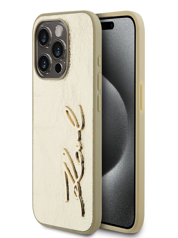 Karl Lagerfeld Wrinkled PU Signature Logo Zadní Kryt pro iPhone 15 Pro Max Gold Karl Lagerfeld