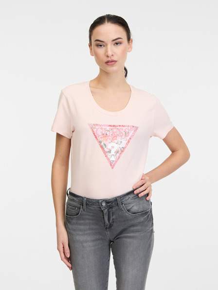 Guess Světle růžové dámské tričko Guess Satin