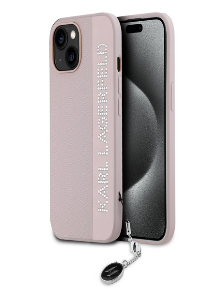 Karl Lagerfeld Karl Lagerfeld PU Saffiano Rhinestone Charm Zadní Kryt pro iPhone 15 Pink