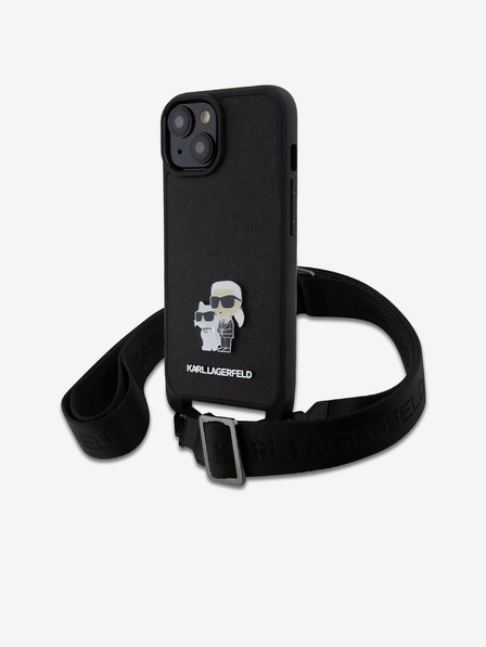 Karl Lagerfeld Karl Lagerfeld Saffiano Crossbody Popruh Metal Karl and Choupette Zadní Kryt pro iPhone 15 Black