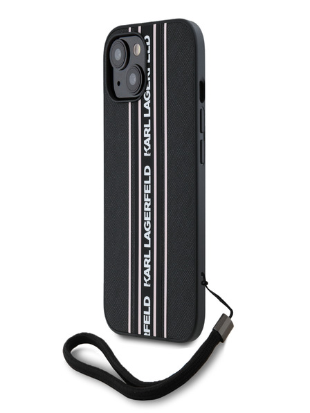 Karl Lagerfeld PU Saffiano Athleisure Stripe and Strap Zadní Kryt pro iPhone 15 Pink Karl Lagerfeld