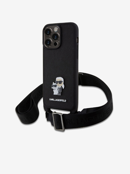 Karl Lagerfeld Saffiano Crossbody Popruh Metal Karl and Choupette Zadní Kryt pro iPhone 15 Pro Max Black Karl Lagerfeld
