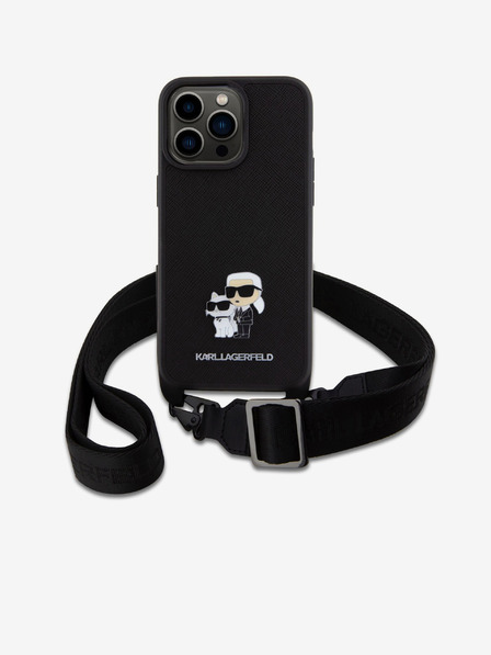 Karl Lagerfeld Saffiano Crossbody Popruh Metal Karl and Choupette Zadní Kryt pro iPhone 15 Pro Max Black Karl Lagerfeld