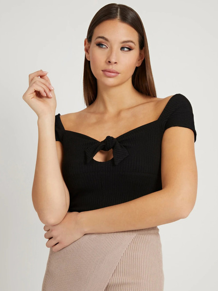 Guess Černé dámské žebrované cropped tričko s mašlí Guess Valeriana