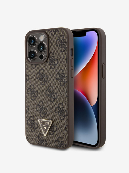 Guess Guess PU 4G Strass Triangle Metal Logo Zadní Kryt pro iPhone 15 Pro Max Brown