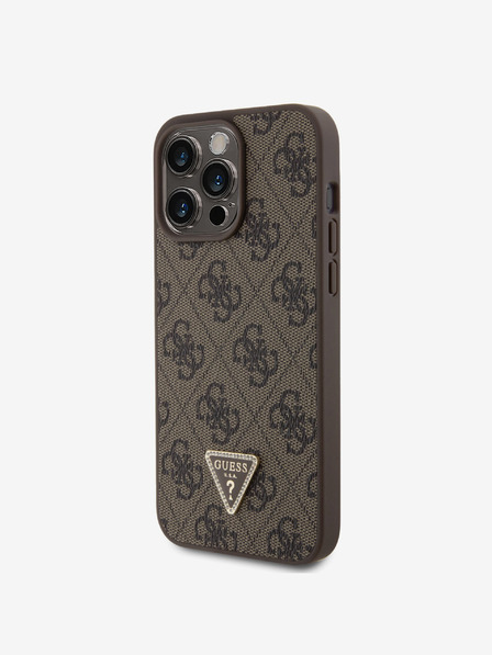 Guess Guess PU 4G Strass Triangle Metal Logo Zadní Kryt pro iPhone 15 Pro Max Brown
