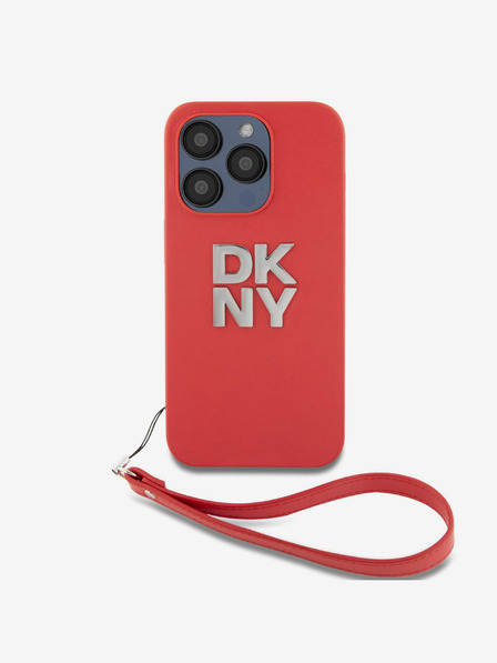 DKNY PU Leather Stack Logo Wrist Strap Zadní Kryt pro iPhone 14 Pro Max Red DKNY