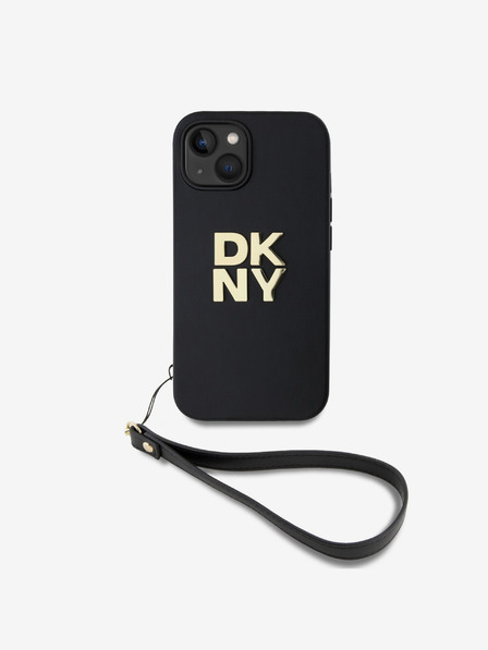 DKNY PU Leather Stack Logo Wrist Strap Zadní Kryt pro iPhone 15 Black DKNY