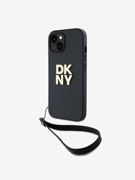 DKNY PU Leather Stack Logo Wrist Strap Zadní Kryt pro iPhone 15 Black DKNY