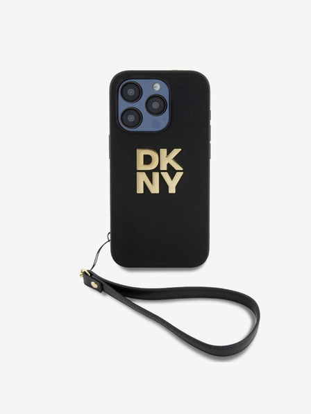 DKNY PU Leather Stack Logo Wrist Strap Zadní Kryt pro iPhone 15 Pro Black DKNY