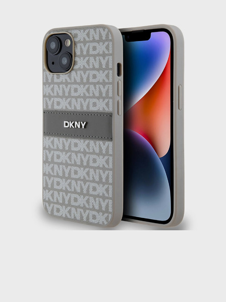 DKNY PU Leather Repeat Pattern Tonal Stripe Zadní Kryt pro iPhone 14 Beige DKNY