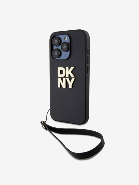 DKNY PU Leather Stack Logo Wrist Strap Zadní Kryt pro iPhone 14 Pro Max Black DKNY