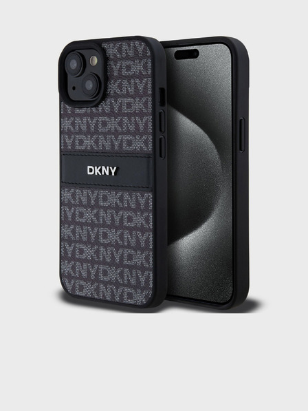 DKNY PU Leather Repeat Pattern Tonal Stripe Zadní Kryt pro iPhone 15 Black DKNY