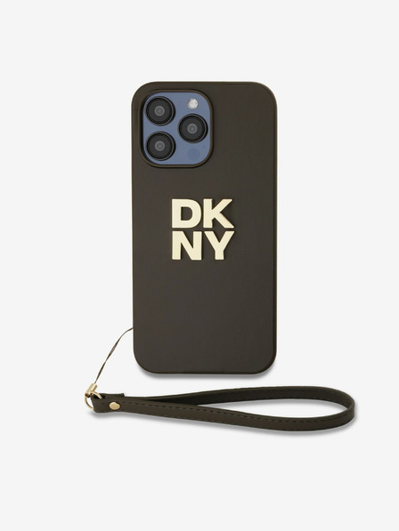 DKNY PU Leather Stack Logo Wrist Strap Zadní Kryt pro iPhone 15 Pro Brown DKNY