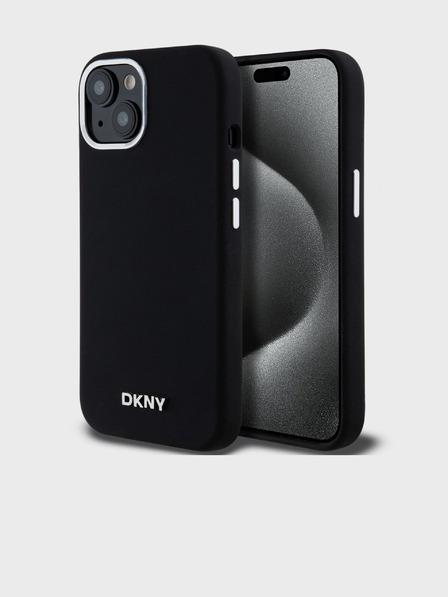 DKNY Liquid Silicone Silver Metal Logo Magsafe Zadní Kryt pro iPhone 15 Black DKNY