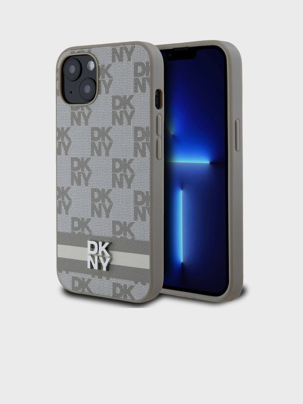 DKNY PU Leather Checkered Pattern and Stripe Zadní Kryt pro iPhone 13 Beige DKNY
