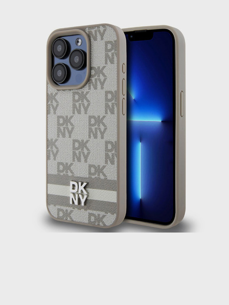 DKNY PU Leather Checkered Pattern and Stripe Zadní Kryt pro iPhone 15 Pro Beige DKNY