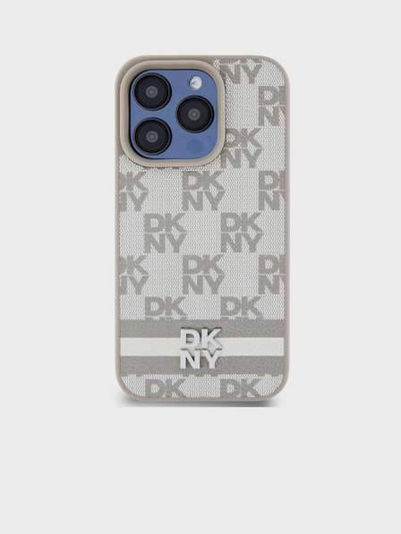 DKNY PU Leather Checkered Pattern and Stripe Zadní Kryt pro iPhone 15 Pro Beige DKNY