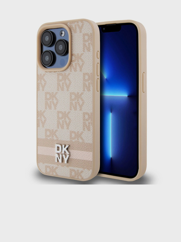 DKNY PU Leather Checkered Pattern and Stripe Zadní Kryt pro iPhone 15 Pro Pink DKNY