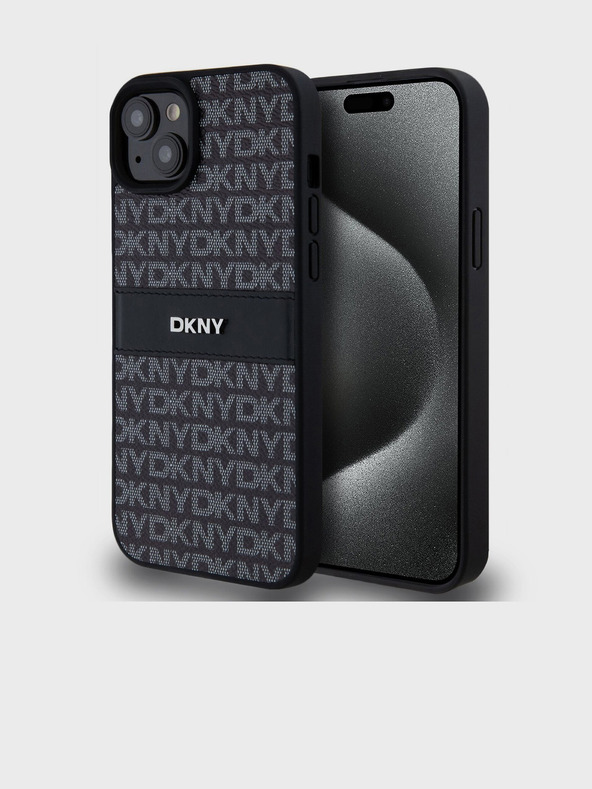 DKNY PU Leather Repeat Pattern Tonal Stripe Zadní Kryt pro iPhone 15 Plus Black DKNY