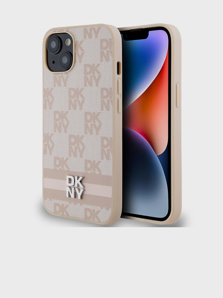 DKNY PU Leather Checkered Pattern and Stripe Zadní Kryt pro iPhone 15 Pink DKNY