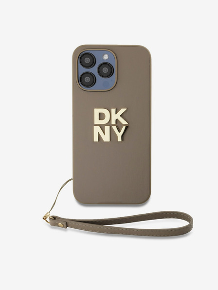 DKNY PU Leather Stack Logo Wrist Strap Zadní Kryt pro iPhone 14 Pro Max Beige DKNY