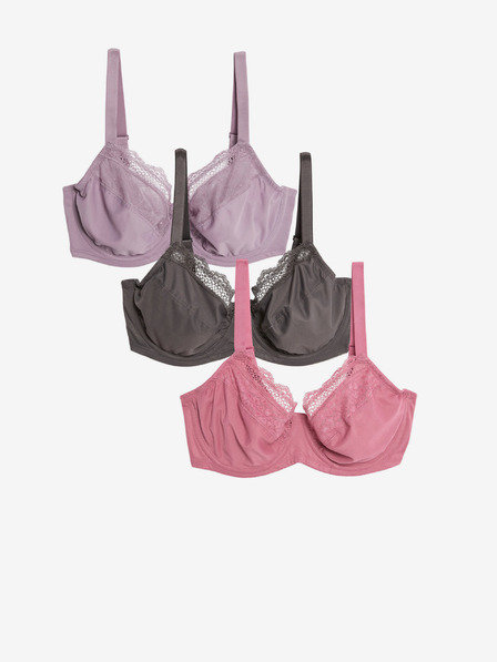 Marks & Spencer Sada tří dámských zmenšujících podprsenek s krajkou v růžové, šedé a fialové barvě Marks & Spencer