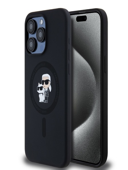 Karl Lagerfeld Liquid Silicone Karl and Choupette Magsafe Zadní Kryt pro iPhone 15 Pro Max Black Karl Lagerfeld