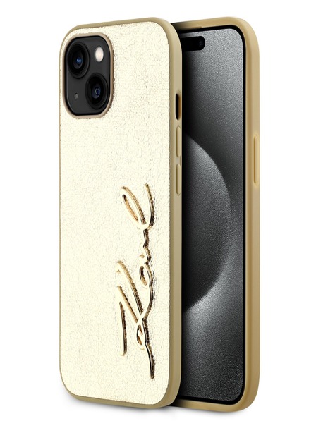 Karl Lagerfeld Wrinkled PU Signature Logo Zadní Kryt pro iPhone 15 Gold Karl Lagerfeld