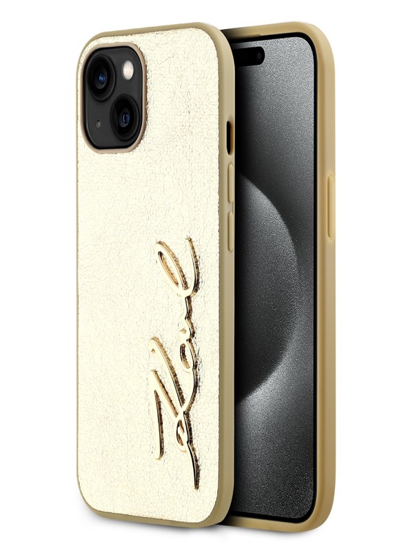 Karl Lagerfeld Wrinkled PU Signature Logo Zadní Kryt pro iPhone 15 Gold Karl Lagerfeld