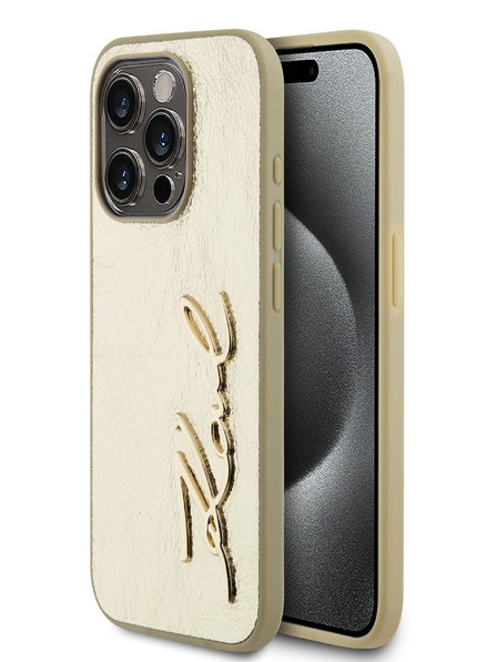 Karl Lagerfeld Wrinkled PU Signature Logo Zadní Kryt pro iPhone 15 Pro Gold Karl Lagerfeld