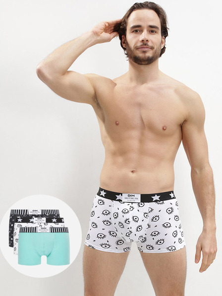 DIM Sada tří pánských vzorovaných boxerek v černé, bílé a tyrkysové barvě Dim VIBES BOXER 3x