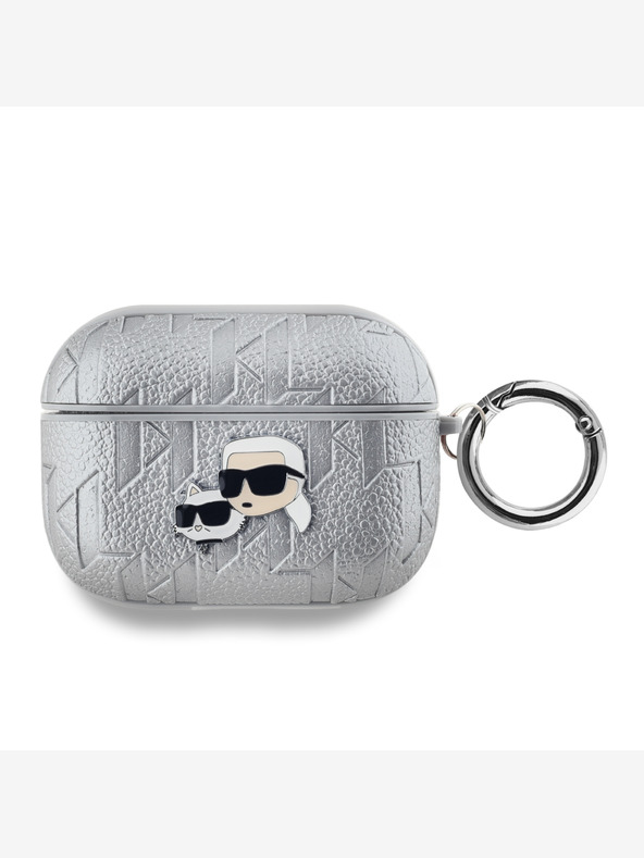Karl Lagerfeld Karl Lagerfeld PU Embossed Karl and Choupette Heads Pouzdro pro AirPods Pro Silver