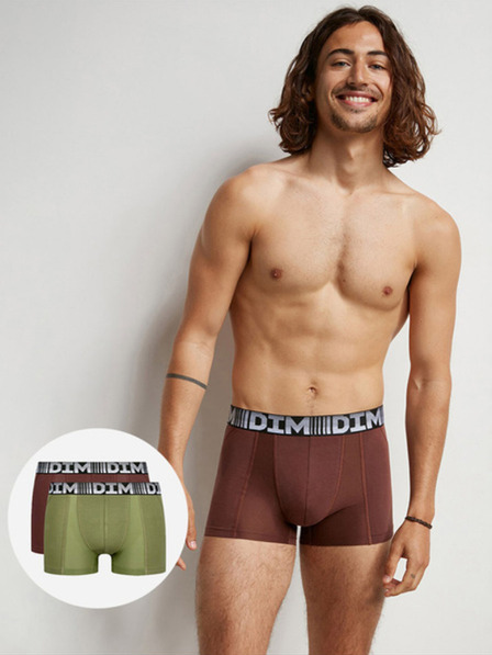 DIM Sada dvou pánských boxerek v zelené a tmavě hnědé barvě DIM COTTON 3D FLEX AIR BOXER 2x