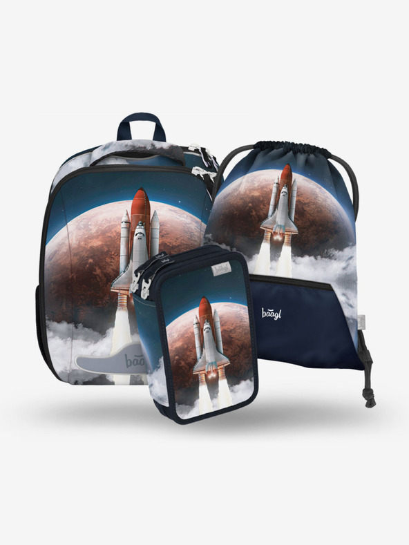 BAAGL  Modrý školní set - aktovka, penál, sáček Baagl Shelly Space Shuttle