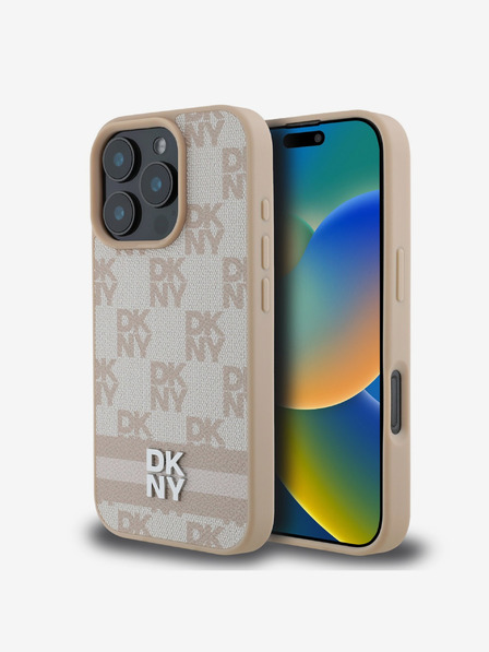DKNY DKNY PU Leather Checkered Pattern and Stripe Zadní Kryt pro iPhone 16 Pro Pink