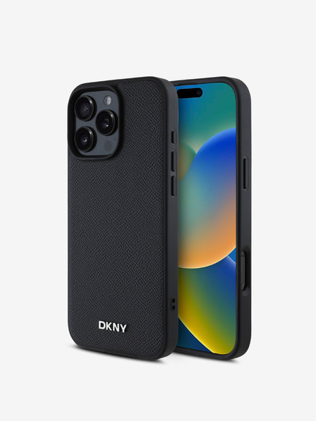 DKNY DKNY PU Leather Silver Metal Logo Magsafe Zadní Kryt pro iPhone 16 Pro Black