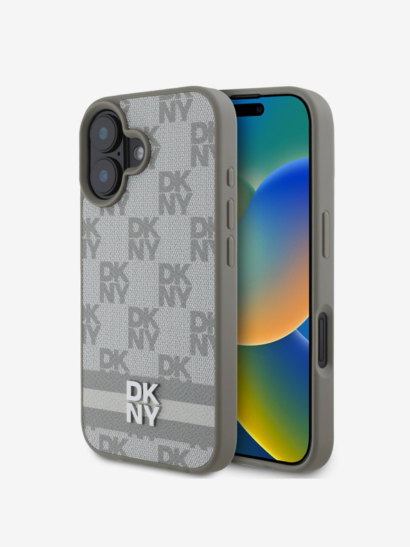 DKNY DKNY PU Leather Checkered Pattern and Stripe Zadní Kryt pro iPhone 16 Beige