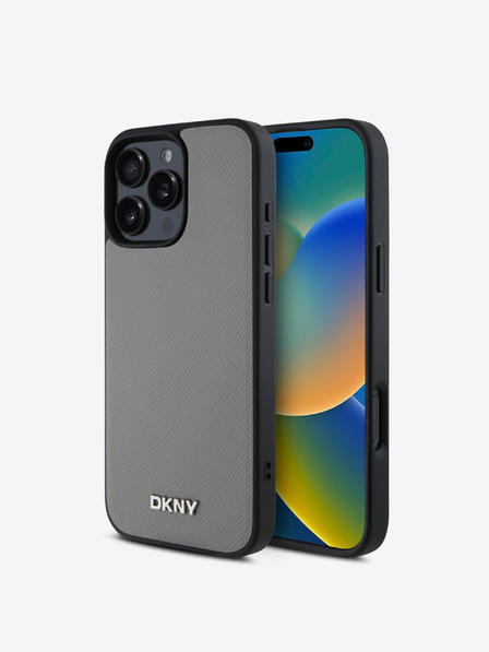 DKNY DKNY PU Leather Silver Metal Logo Magsafe Zadní Kryt pro iPhone 16 Pro Max Grey