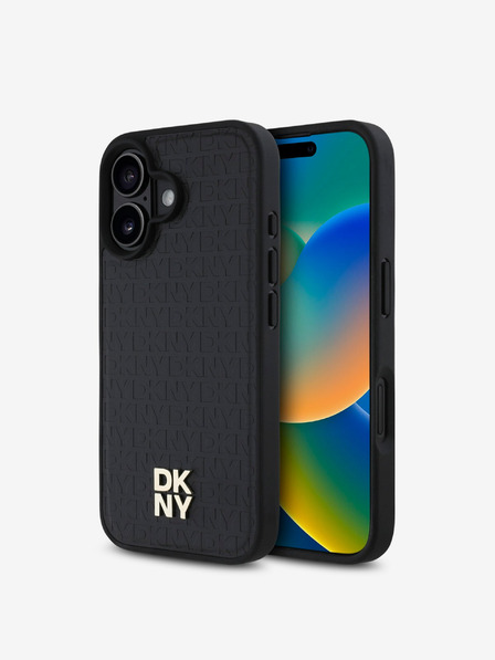 DKNY DKNY PU Leather Repeat Pattern Stack Logo MagSafe Zadní Kryt pro iPhone 16 Plus Black