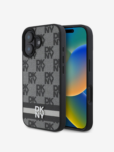 DKNY DKNY PU Leather Checkered Pattern and Stripe Zadní Kryt pro iPhone 16 Black
