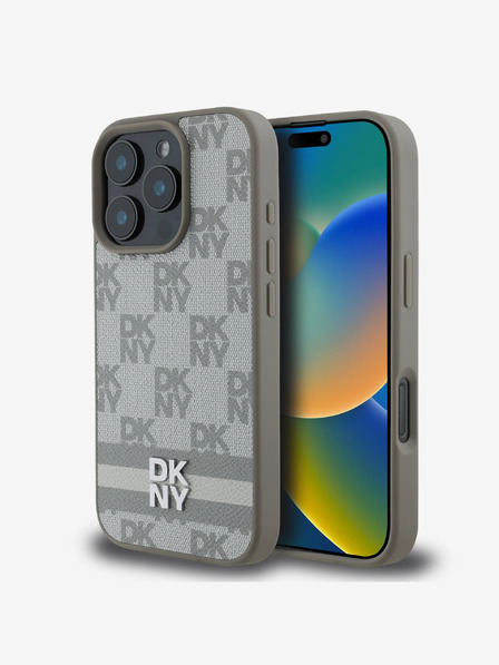 DKNY DKNY PU Leather Checkered Pattern and Stripe Zadní Kryt pro iPhone 16 Pro Max Beige